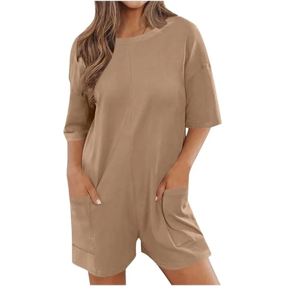 Beige Oversized Shorts Romper with pockets